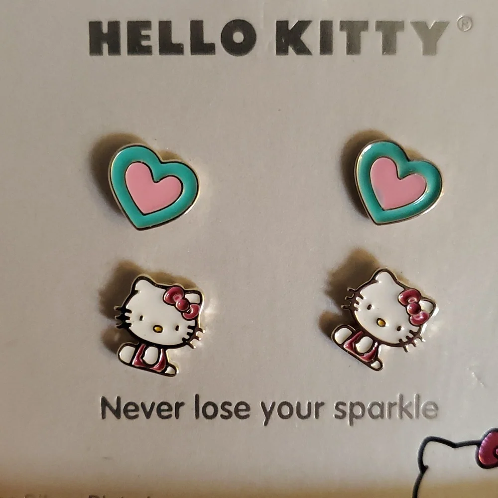 SANRIO Hello Kitty & Heart Stud Pierced Earrings Pink Teal FINE SILVER PLATE